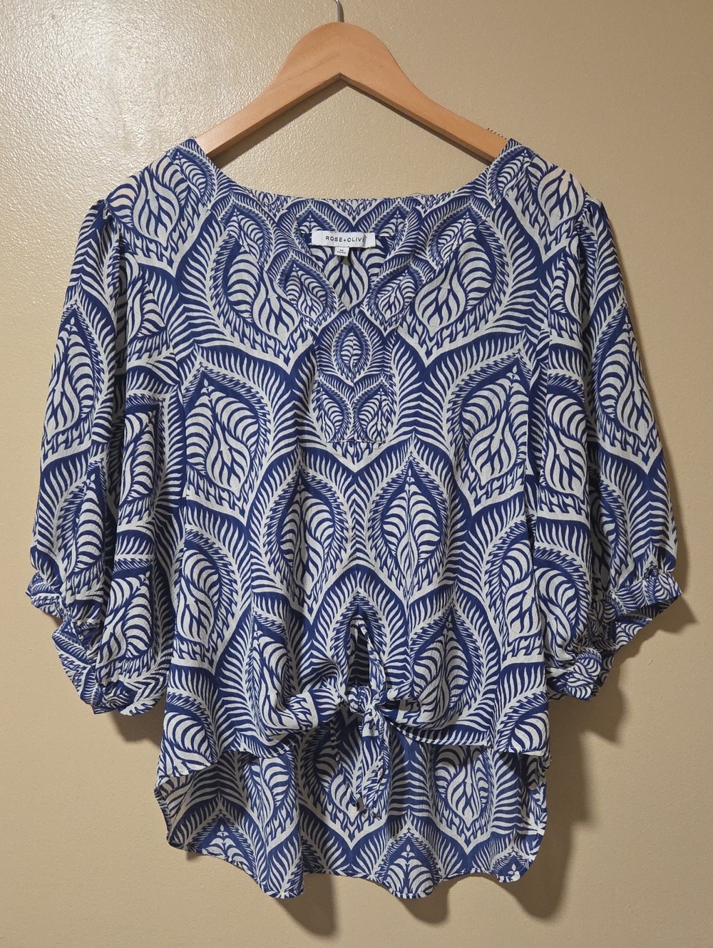 Rose & Olive Navy and White Leaf-Print Tie-Front Tunic